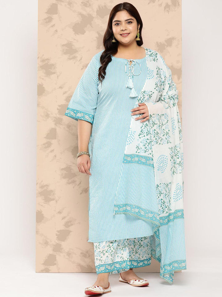 Blue Printed Cotton Straight Kurta With Trousers and Dupatta - Libas