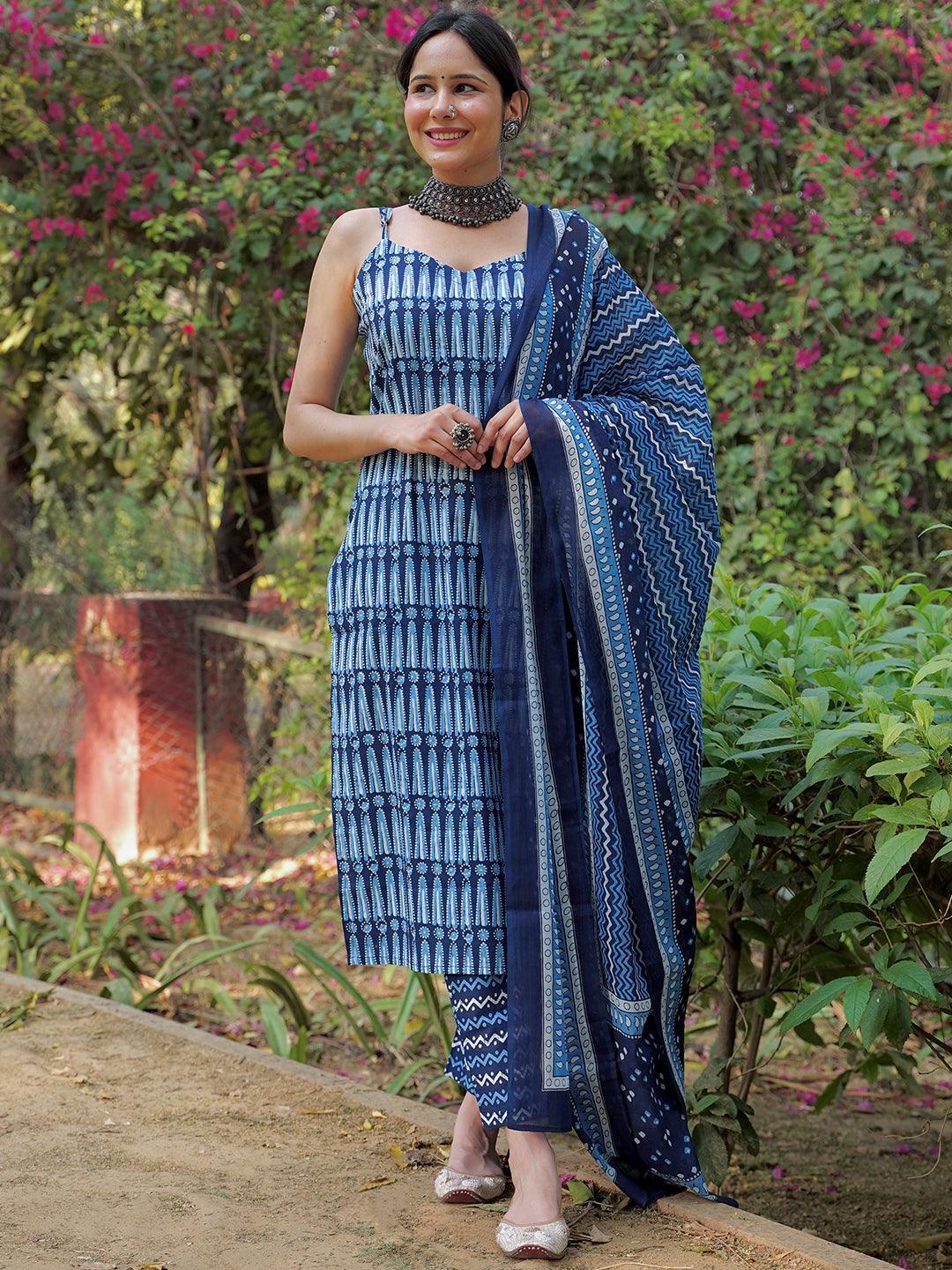 Blue Printed Cotton Suit Set With Trousers