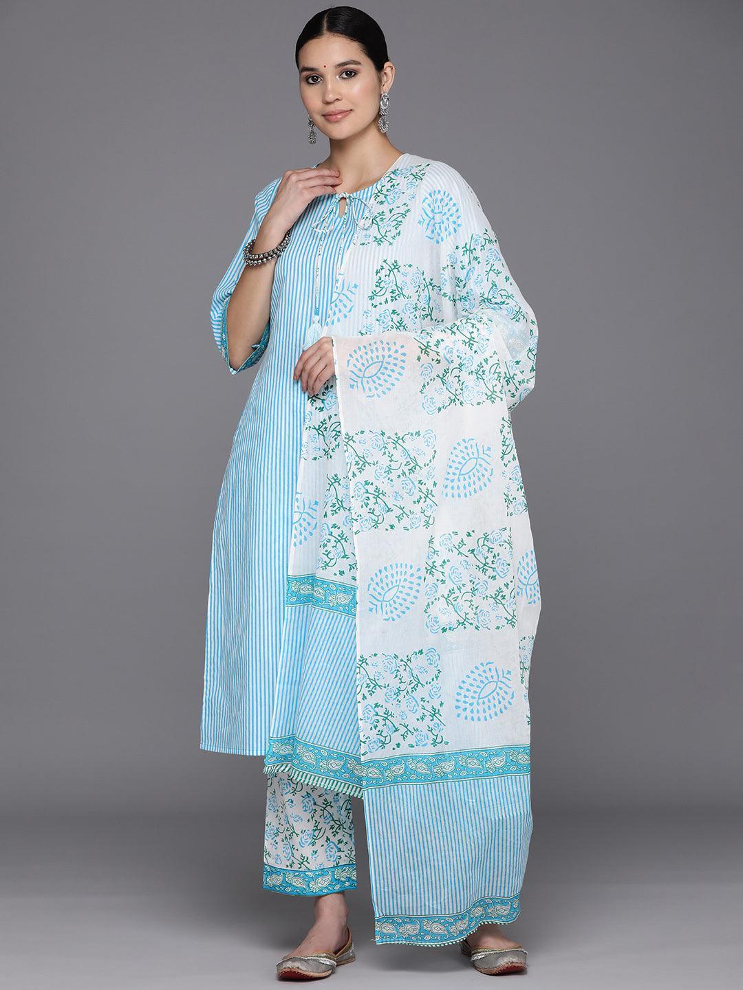 Blue Printed Cotton Straight Kurta With Trousers & Dupatta