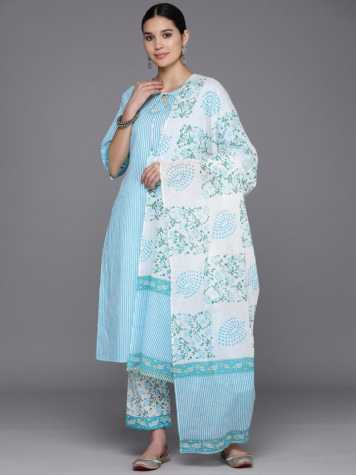 Blue Printed Cotton Straight Suit Set With Trousers - Libas