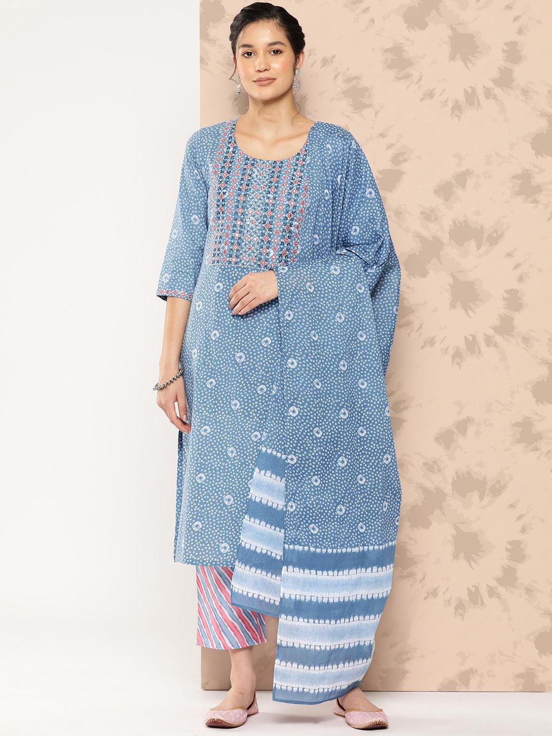 Blue Printed Cotton Straight Kurta With Trousers and Dupatta