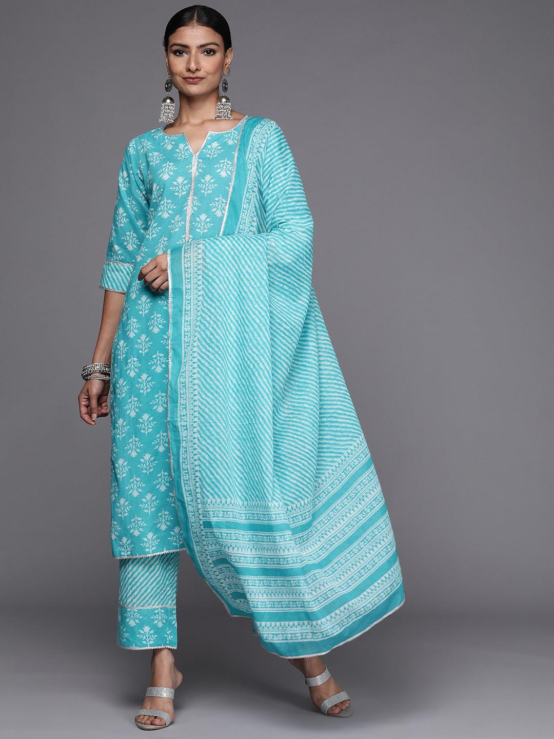 Blue Printed Cotton Straight Suit Set