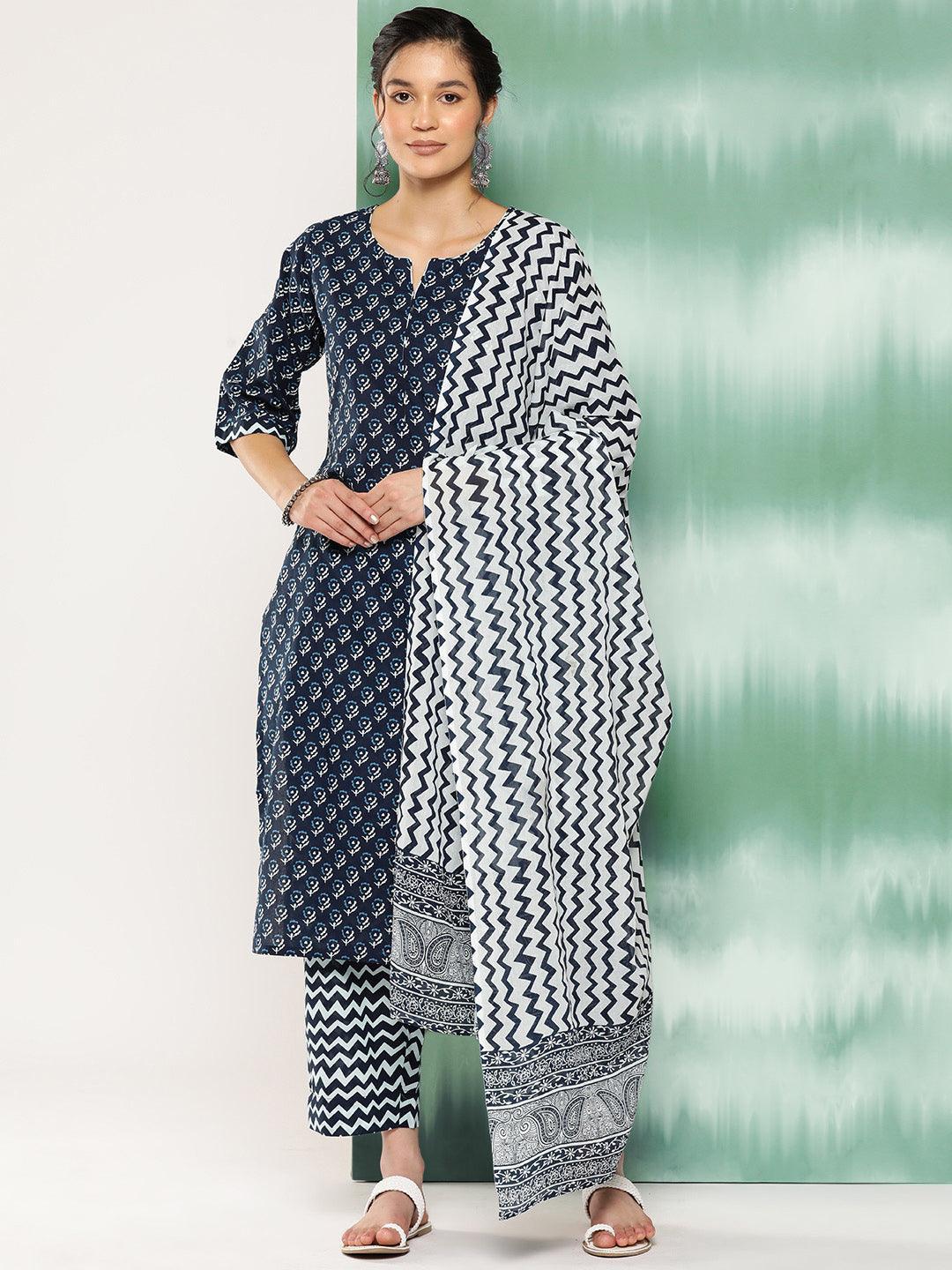 Blue Printed Cotton Straight Kurta With Trousers and Dupatta