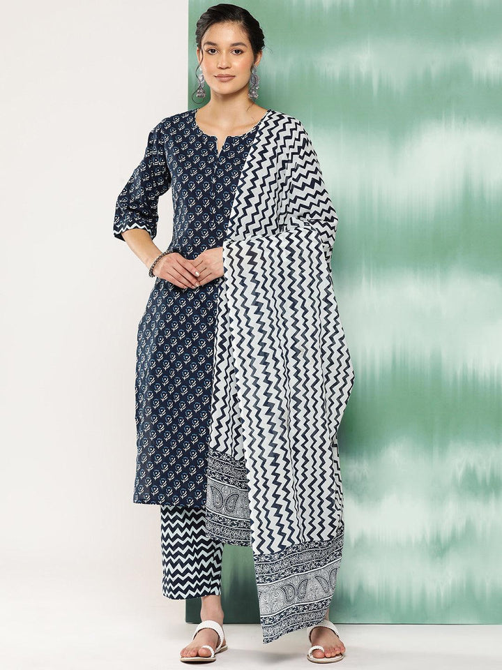 Blue Printed Cotton Straight Kurta With Trousers and Dupatta - Libas