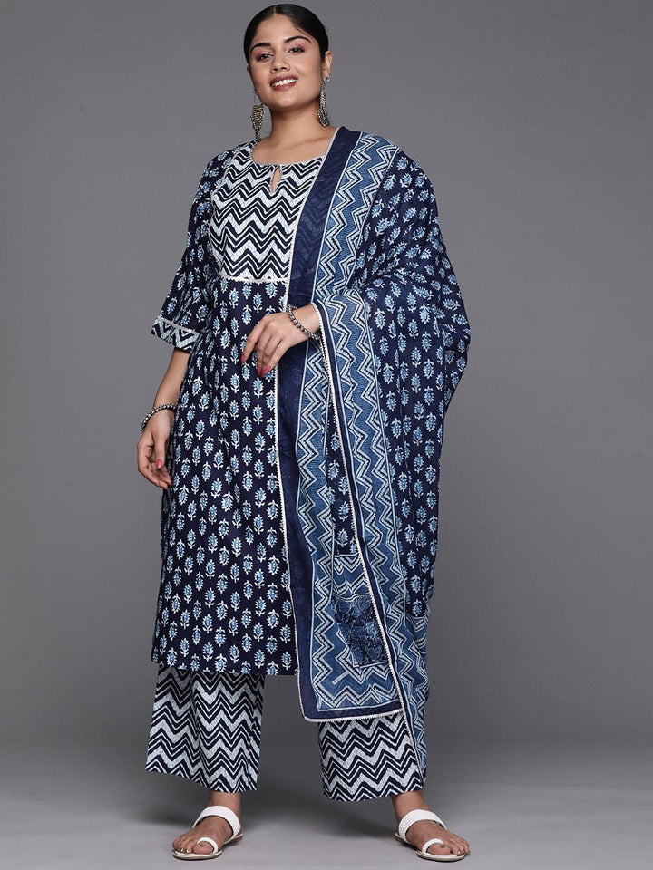 Black Yoke Design Cotton Straight Kurta With Trousers & Dupatta - Libas