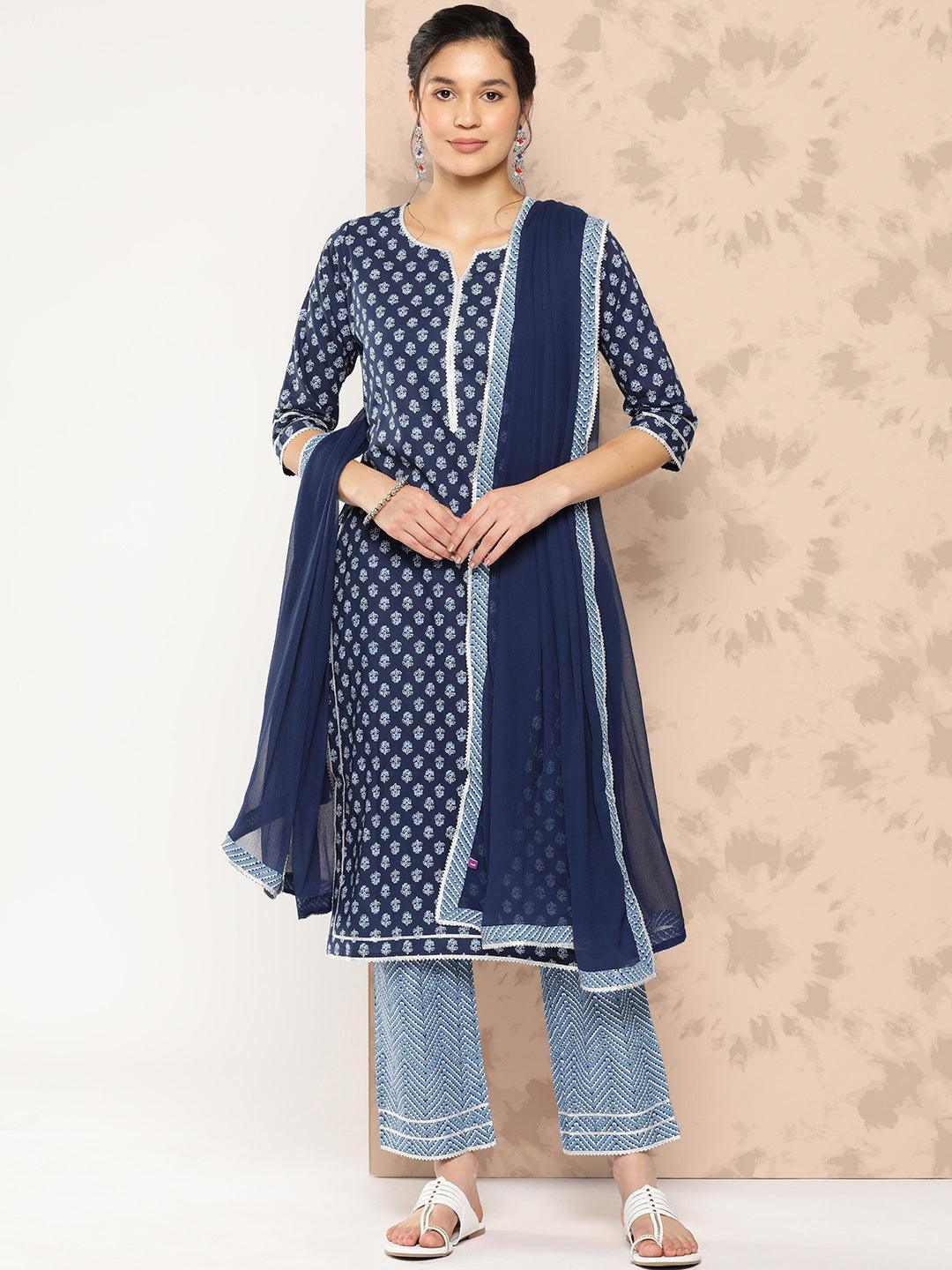 Blue Printed Cotton Straight Kurta With Trousers and Dupatta