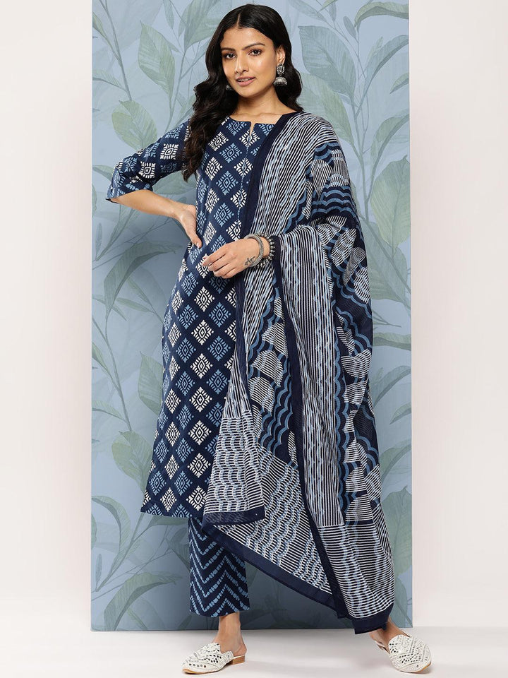 Blue Printed Cotton Straight Suit Set With Trousers - Libas