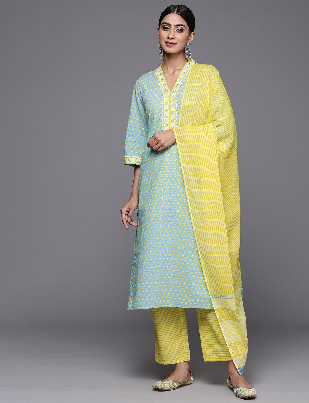 Blue Printed Cotton Straight Kurta With Trousers & Dupatta