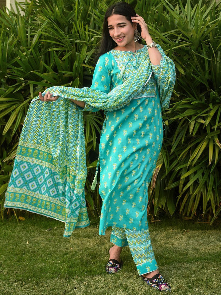 Blue Printed Cotton Straight Suit Set With Trousers - ShopLibas