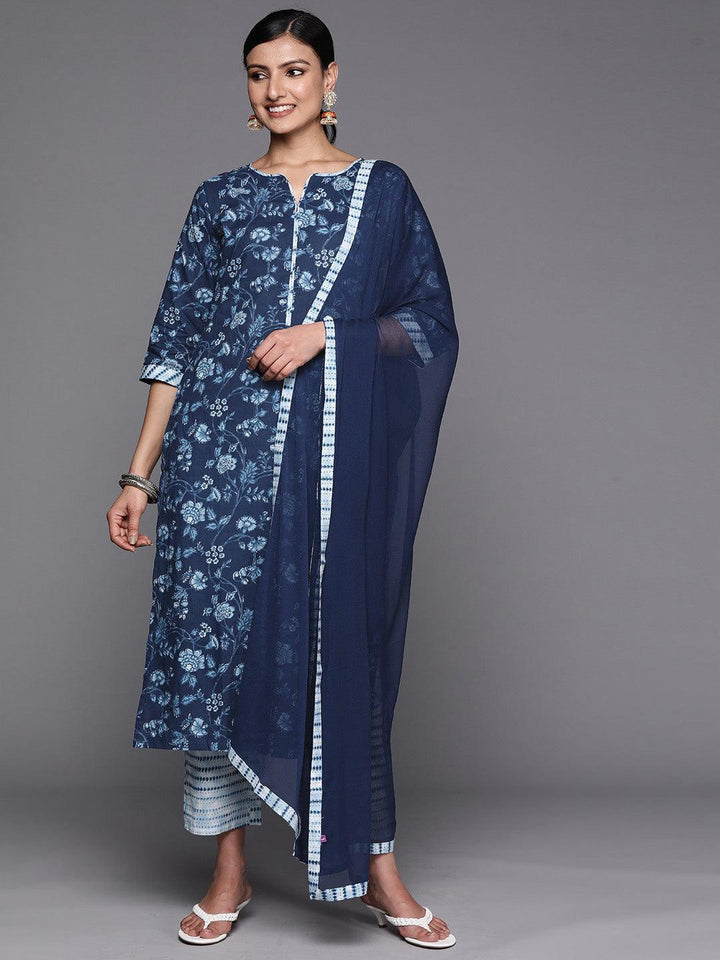 Blue Cotton Printed Straight Suit Set With Trousers - ShopLibas