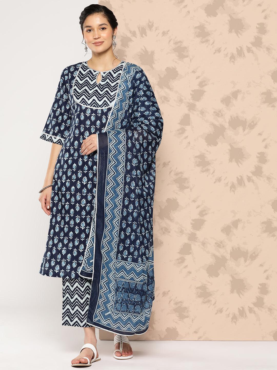 Blue Printed Cotton Straight Kurta With Trousers and Dupatta