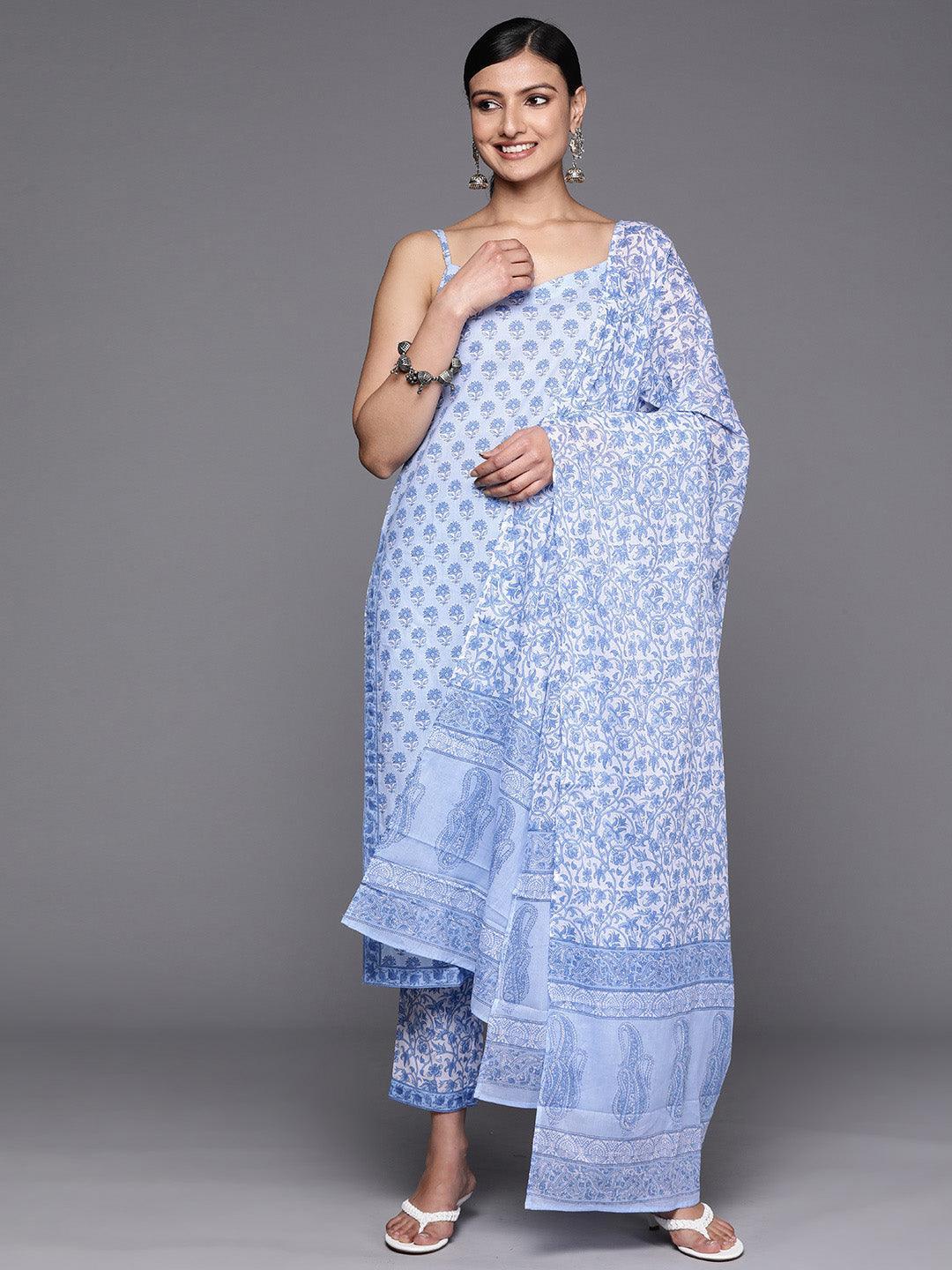 Blue Printed Cotton Straight Suit Set With Trousers