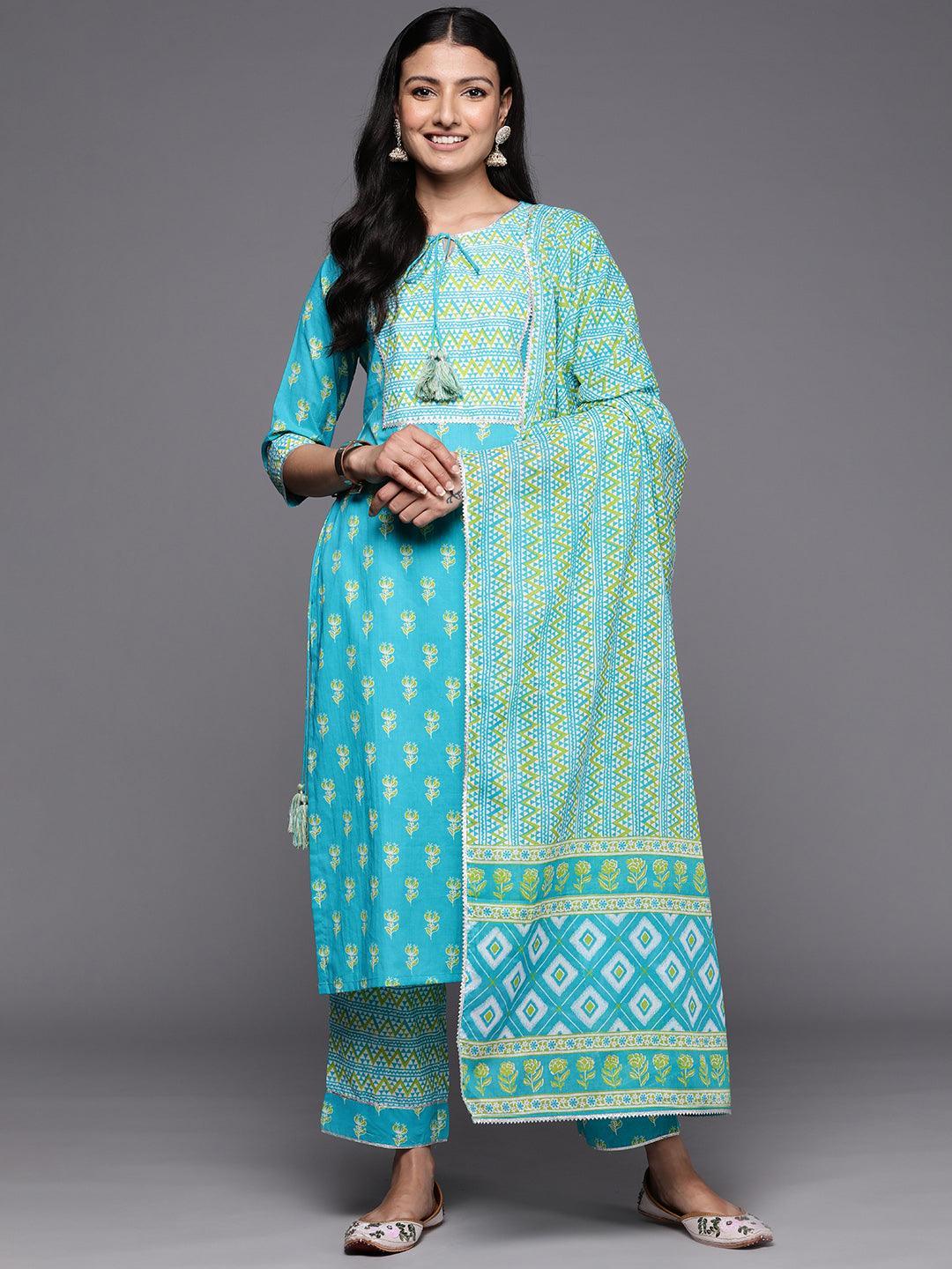 Blue Printed Cotton Straight Suit Set With Trousers