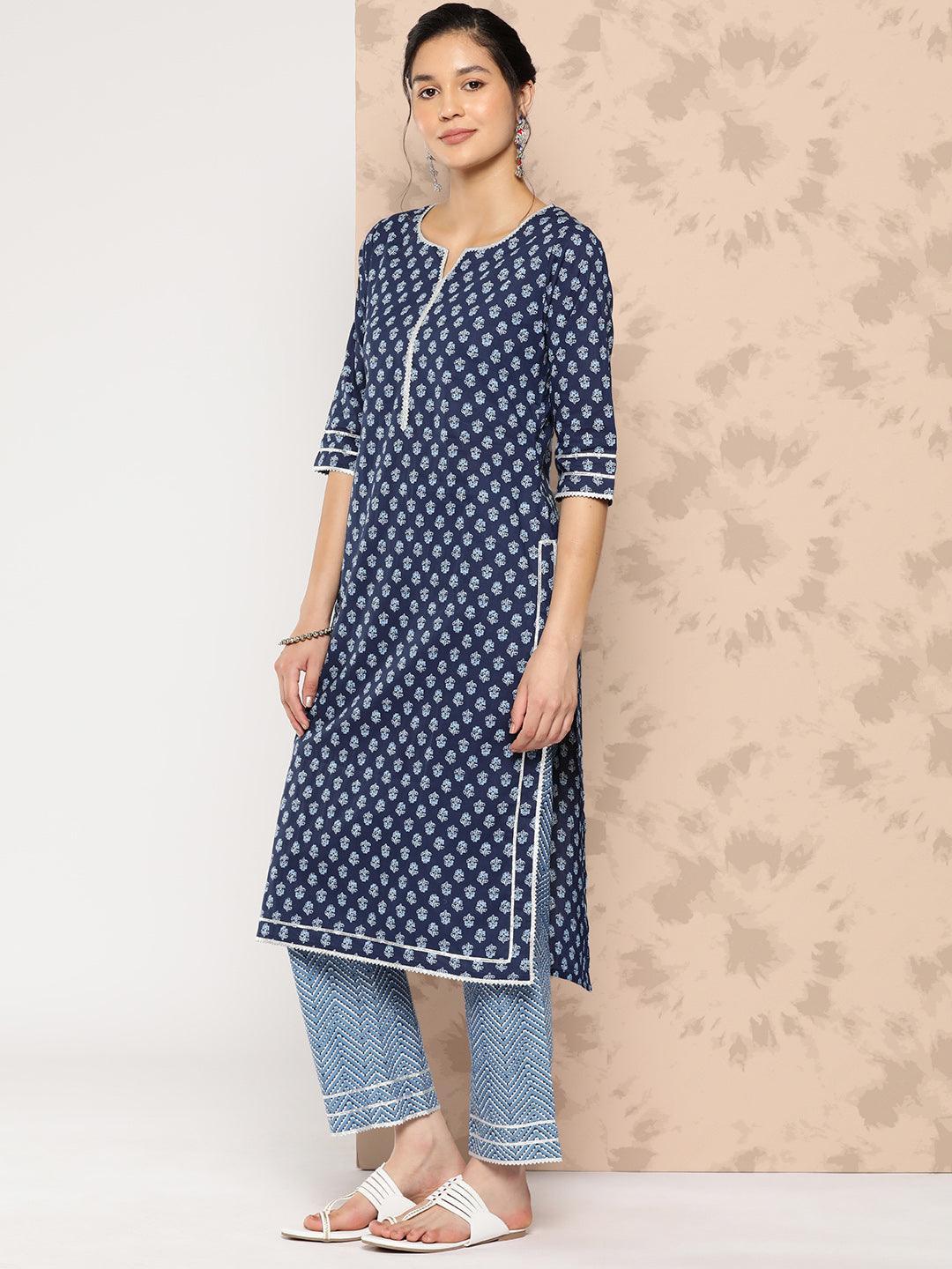 Blue Printed Cotton Straight Kurta With Trousers and Dupatta