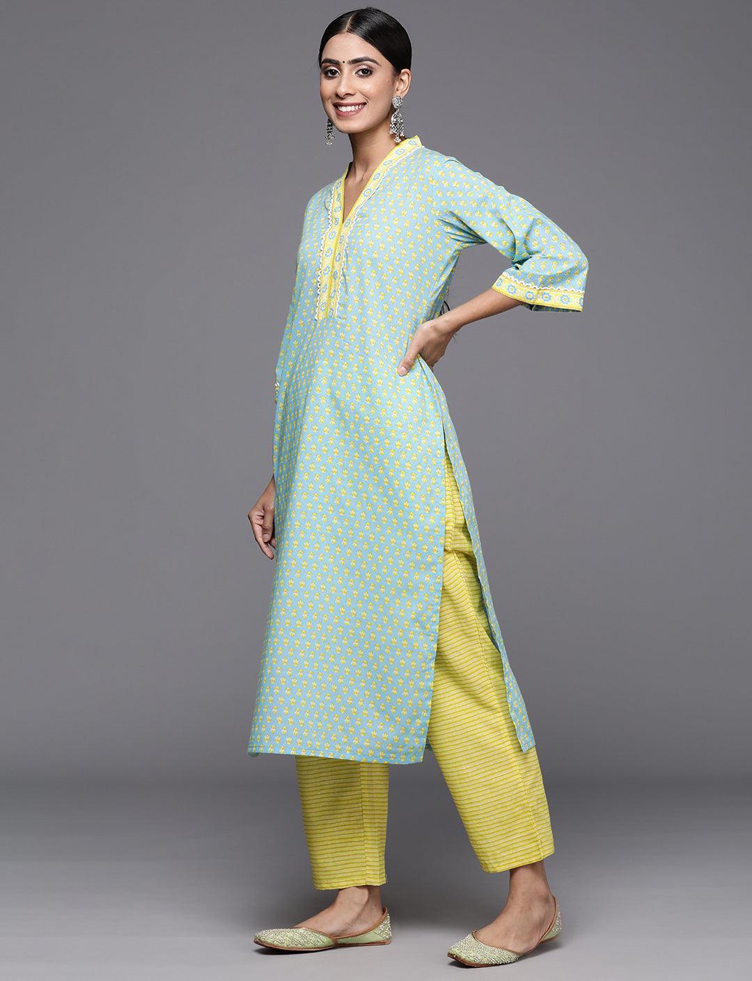 Blue Printed Cotton Straight Kurta With Trousers & Dupatta