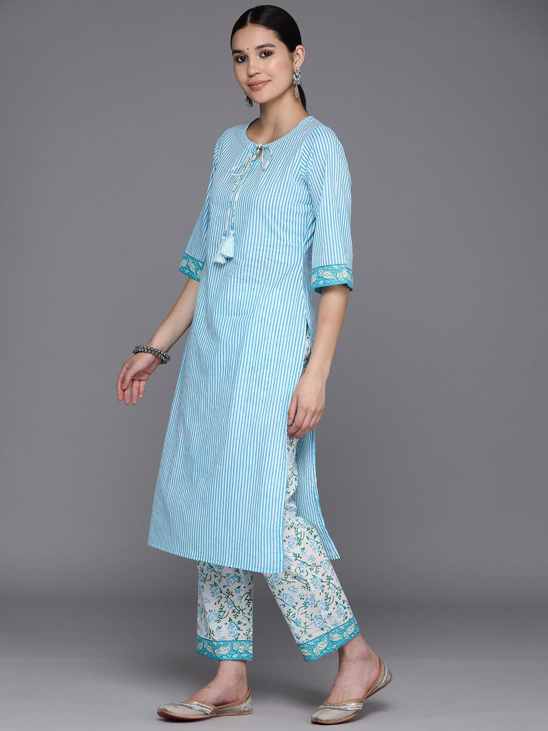 Blue Printed Cotton Straight Kurta With Trousers & Dupatta