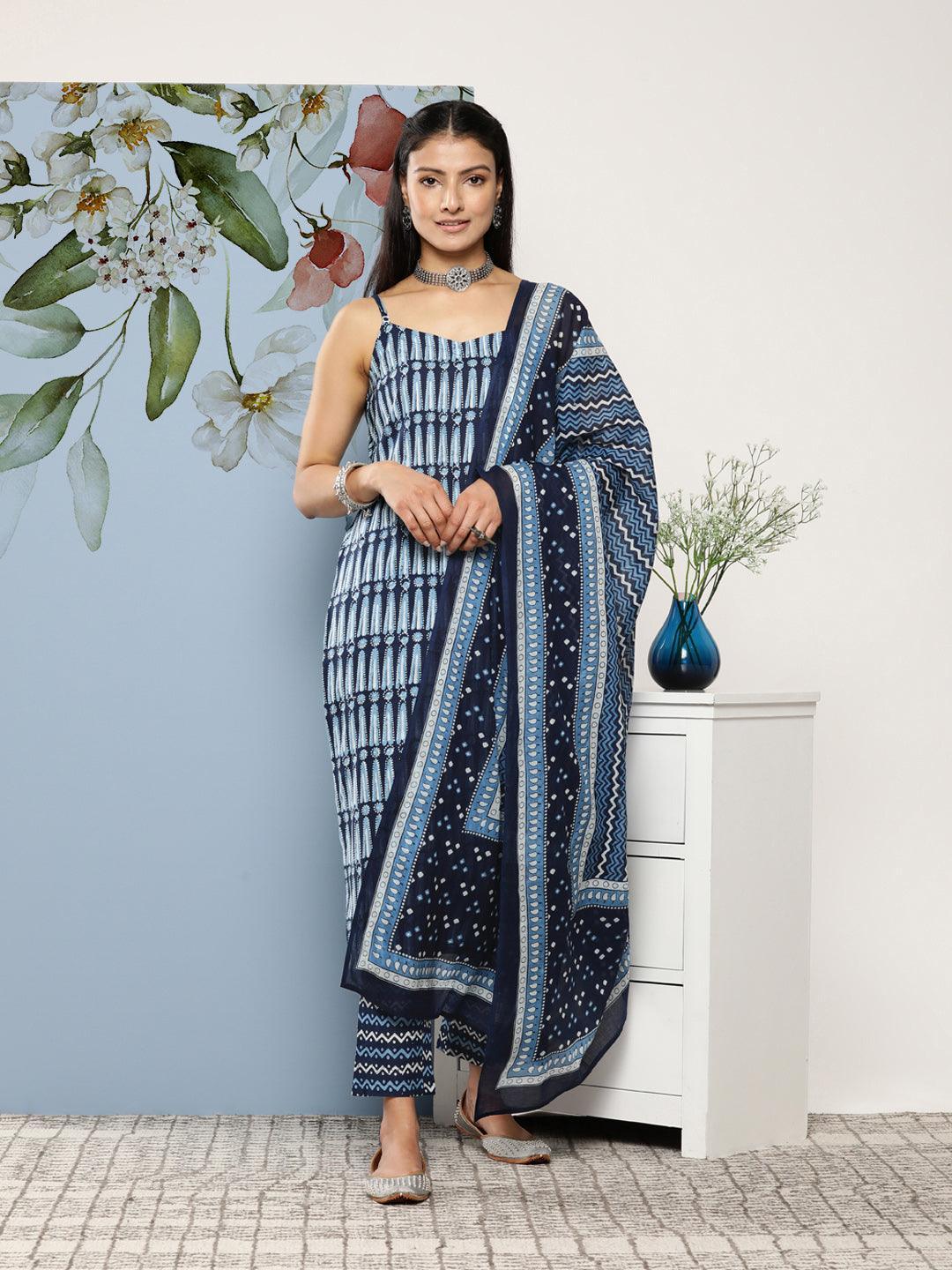 Blue Printed Cotton Suit Set With Trousers