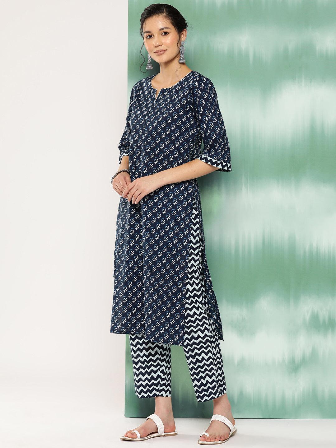 Blue Printed Cotton Straight Kurta With Trousers and Dupatta