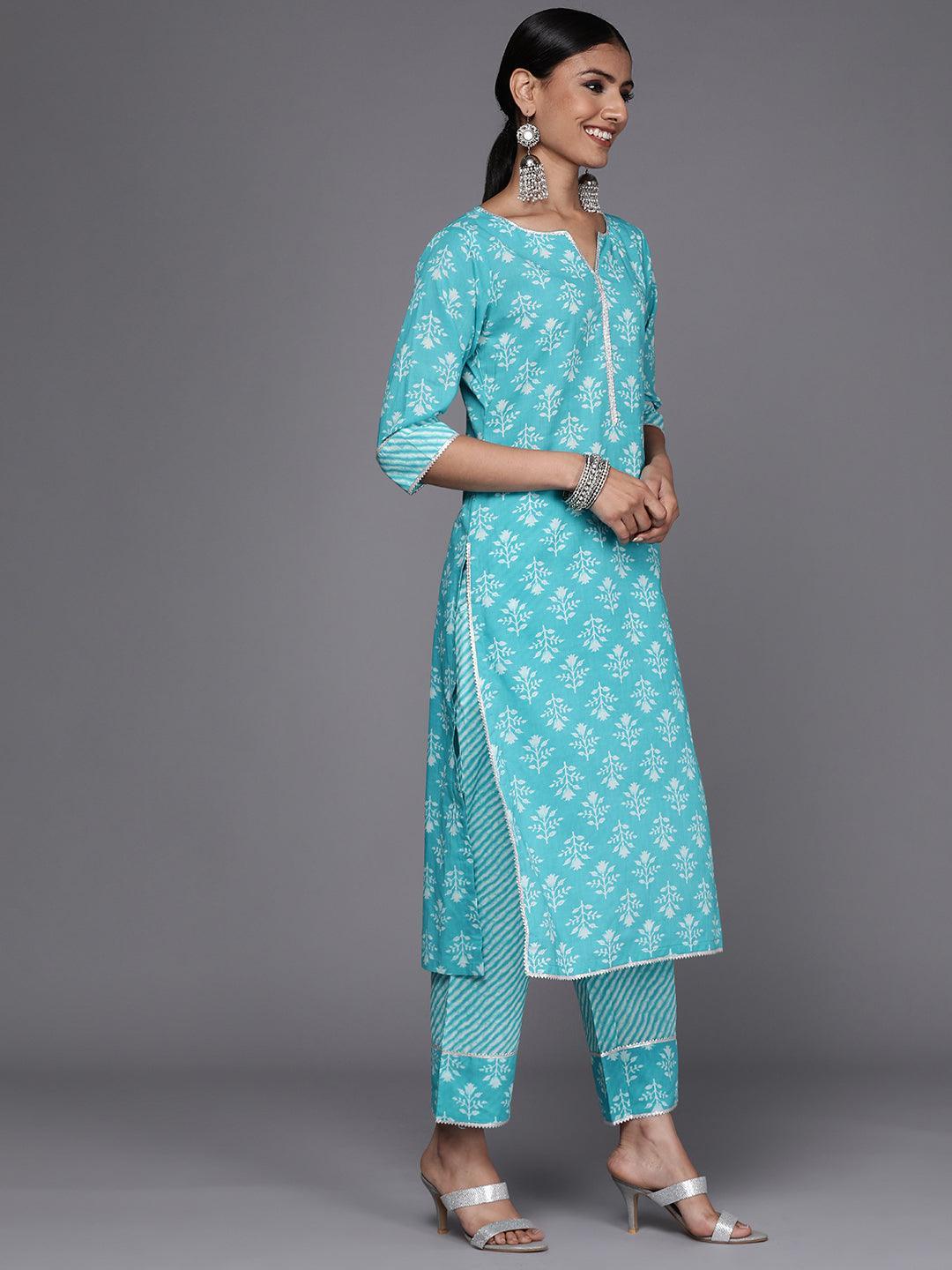 Blue Printed Cotton Straight Suit Set