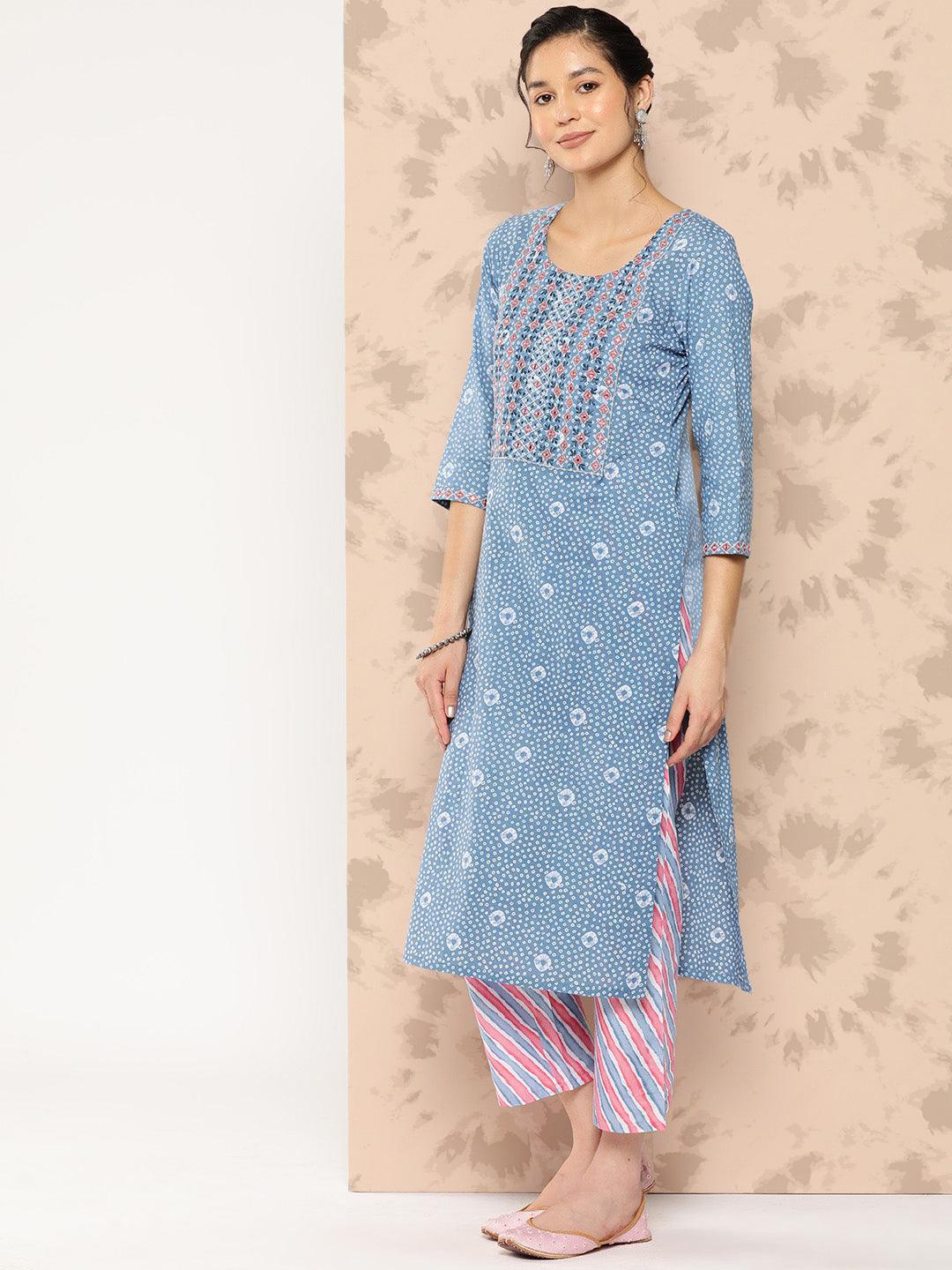 Blue Printed Cotton Straight Kurta With Trousers and Dupatta