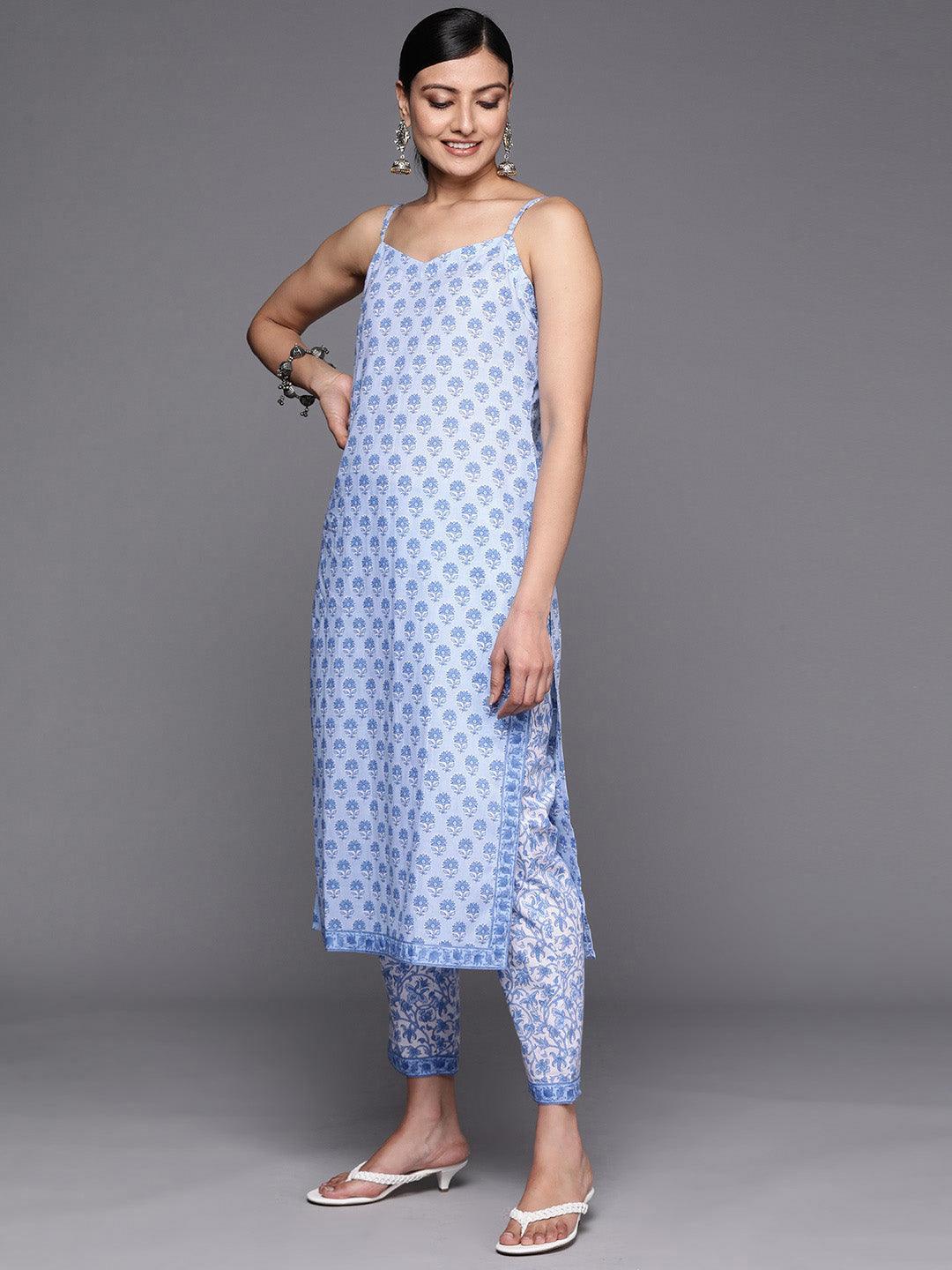 Blue Printed Cotton Straight Suit Set With Trousers