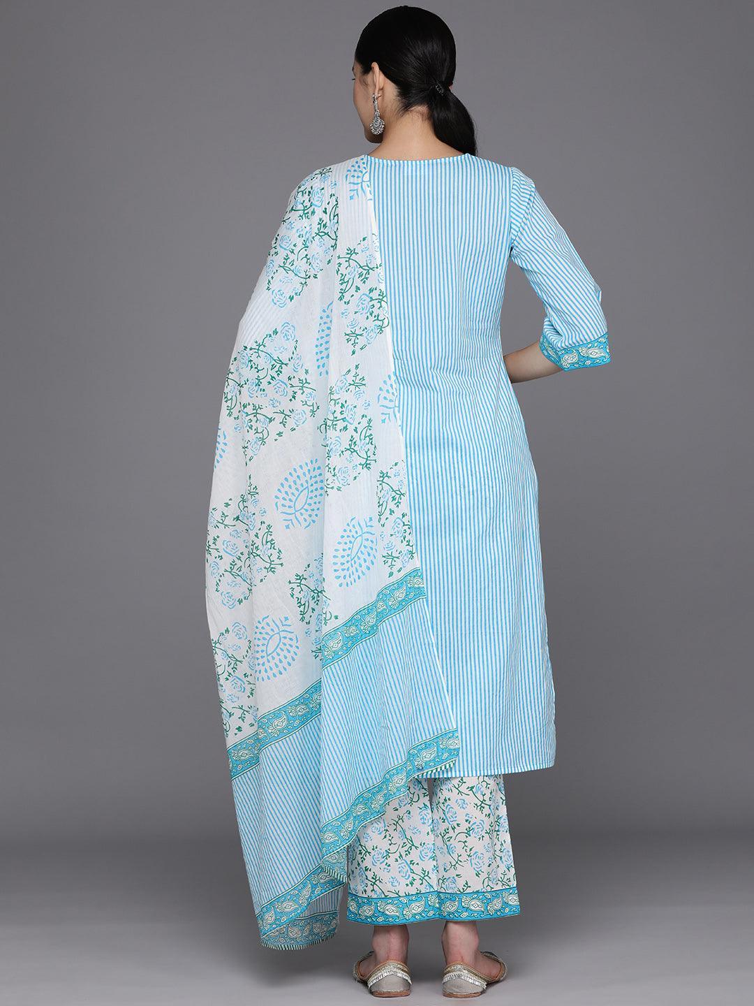 Blue Printed Cotton Straight Kurta With Trousers & Dupatta