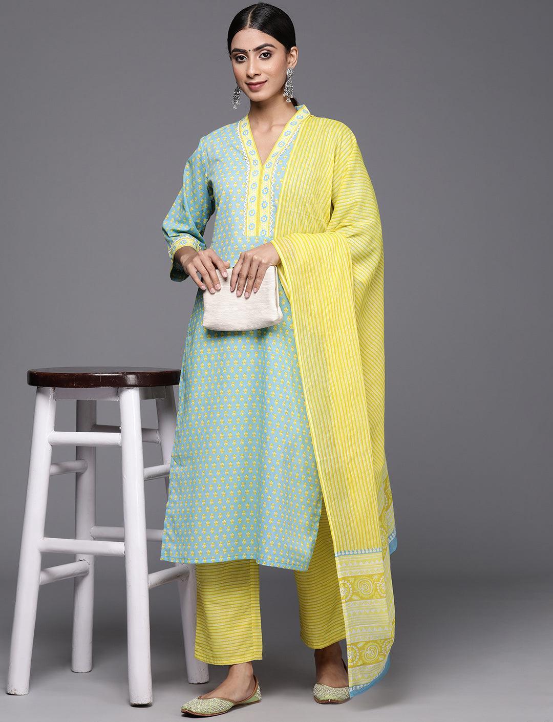 Blue Printed Cotton Straight Kurta With Trousers & Dupatta