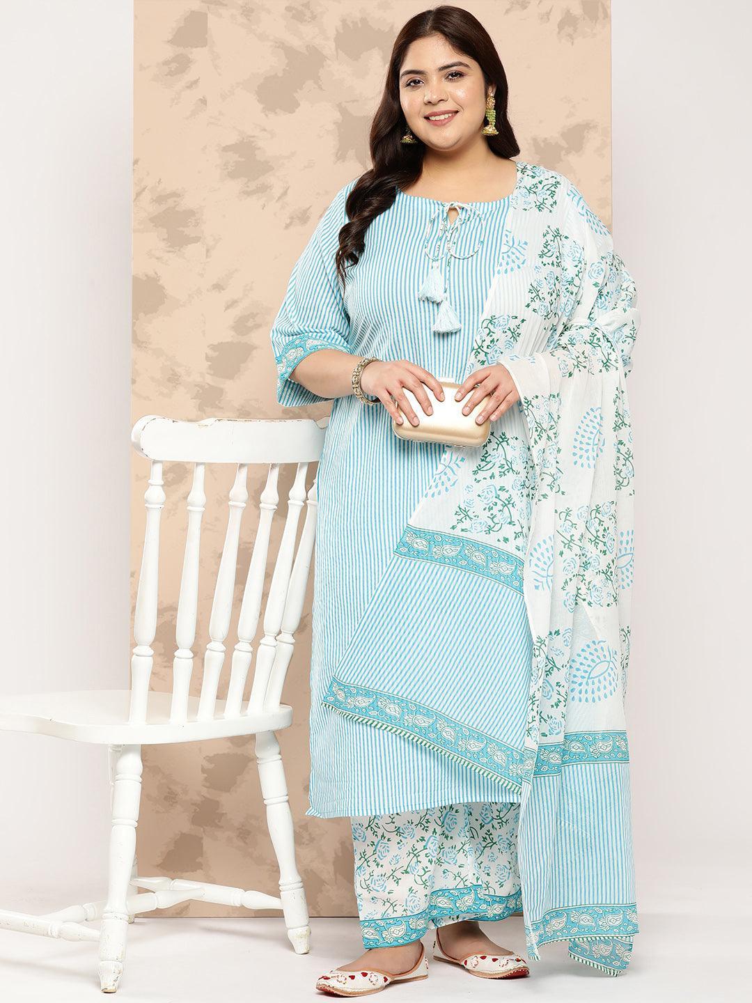 Blue Printed Cotton Straight Kurta With Trousers and Dupatta - Libas