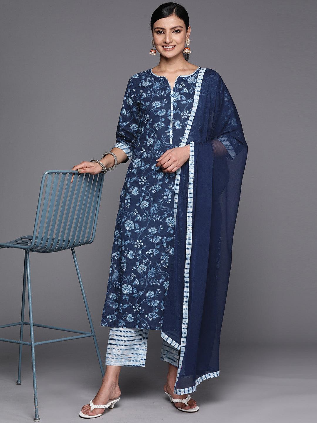 Blue Cotton Printed Straight Suit Set With Trousers