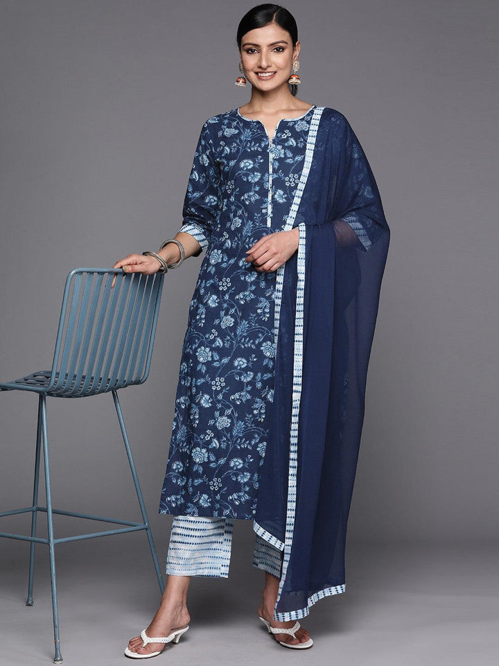 Blue Cotton Printed Straight Suit Set With Trousers - ShopLibas