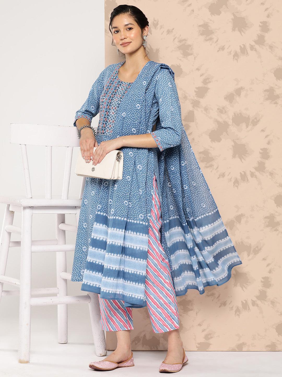 Blue Printed Cotton Straight Kurta With Trousers and Dupatta