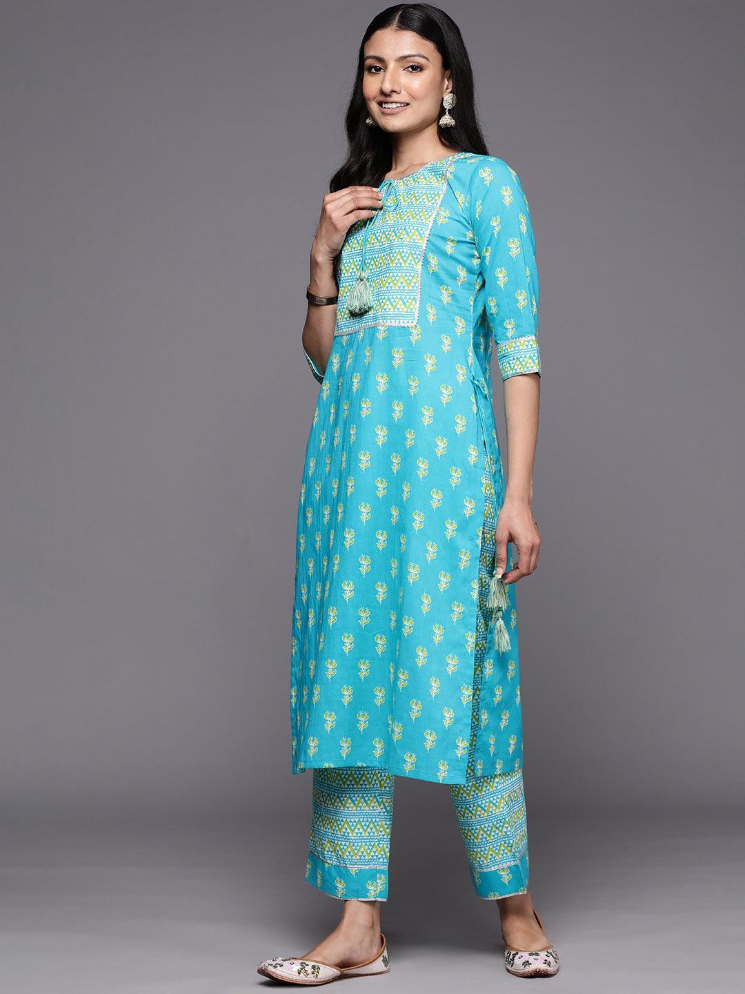 Blue Printed Cotton Straight Suit Set With Trousers