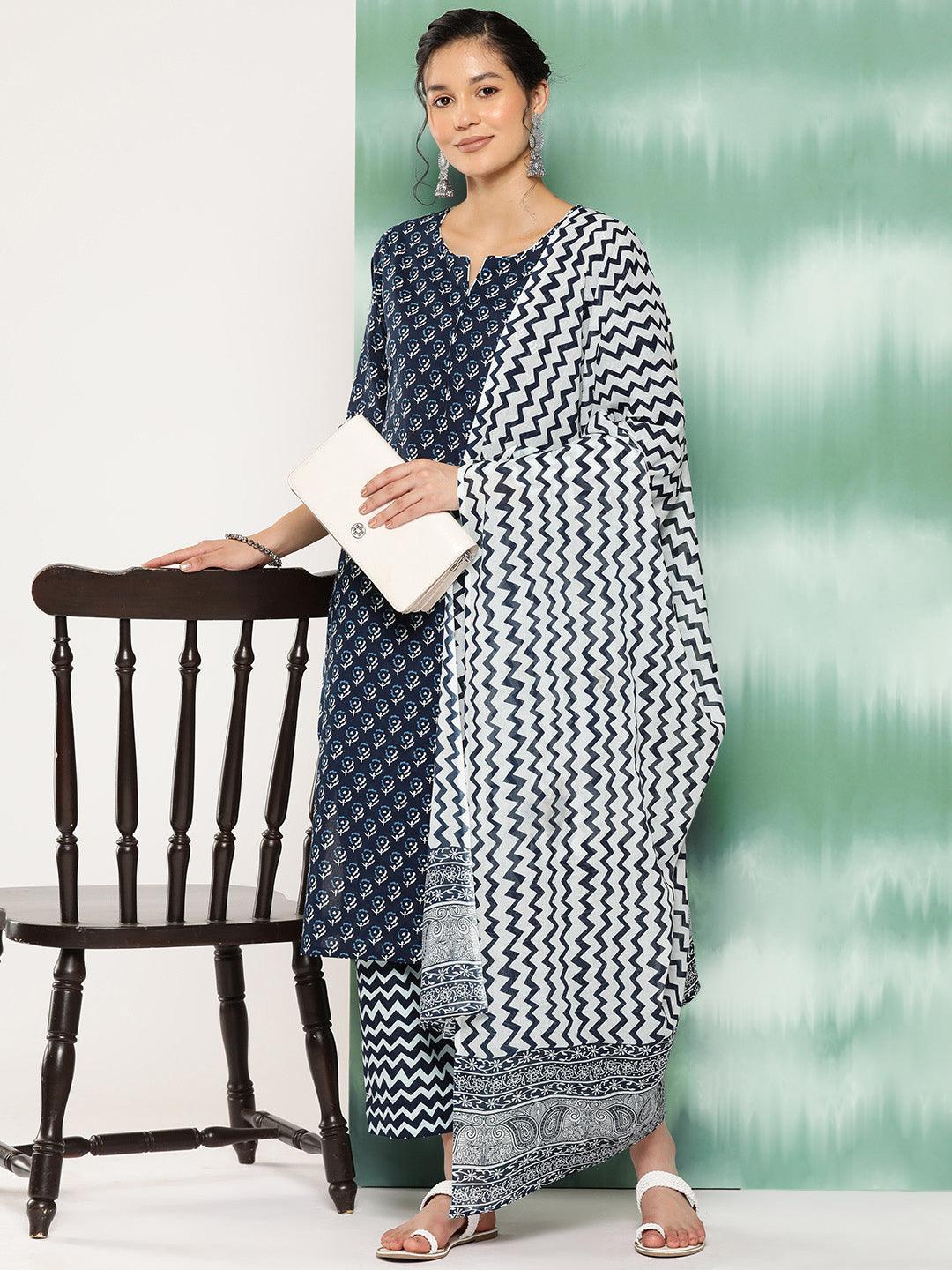 Blue Printed Cotton Straight Kurta With Trousers and Dupatta - Libas