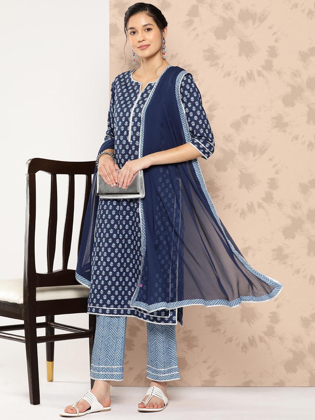 Blue Printed Cotton Straight Kurta With Trousers and Dupatta