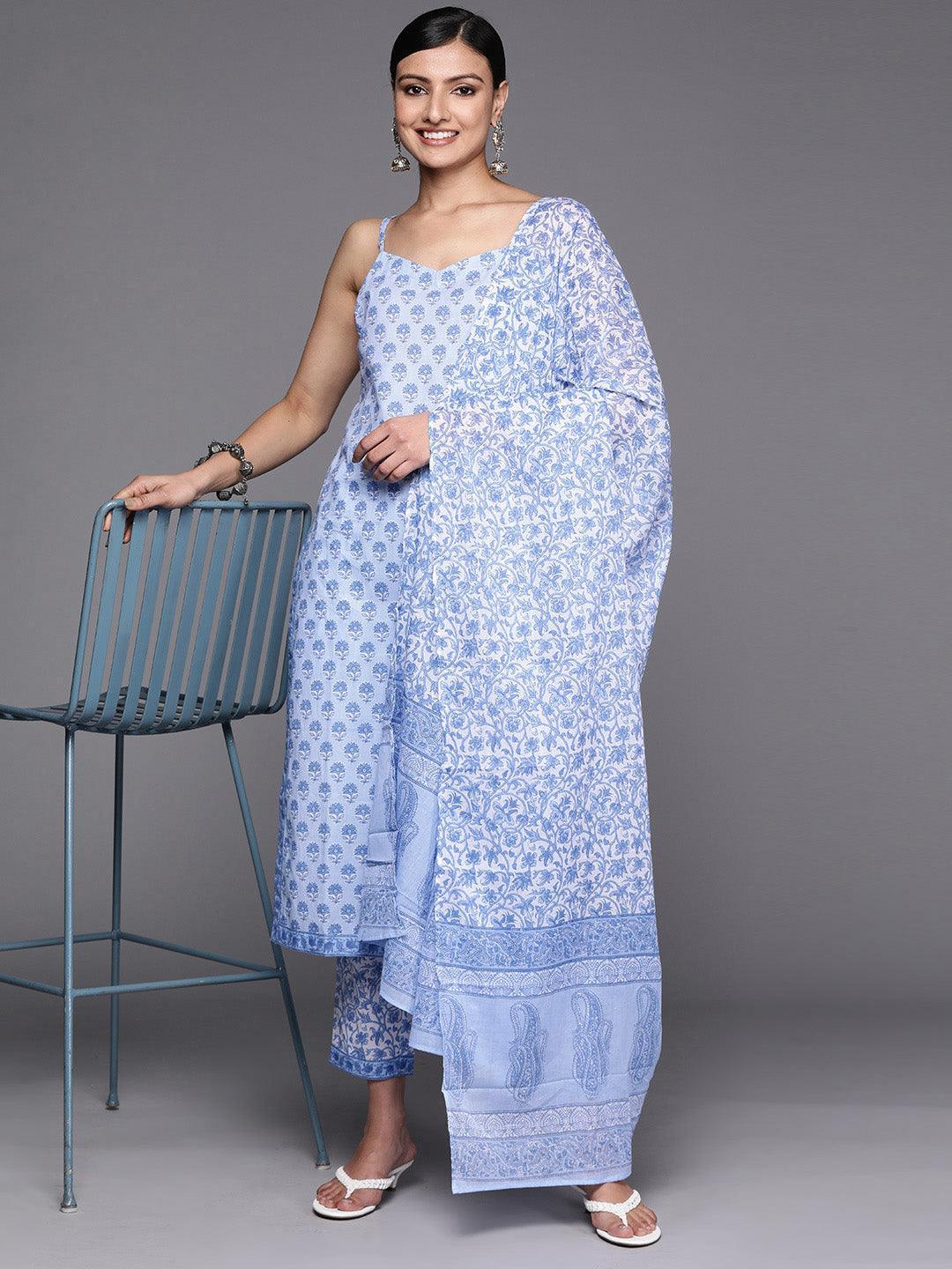 Blue Printed Cotton Straight Suit Set With Trousers