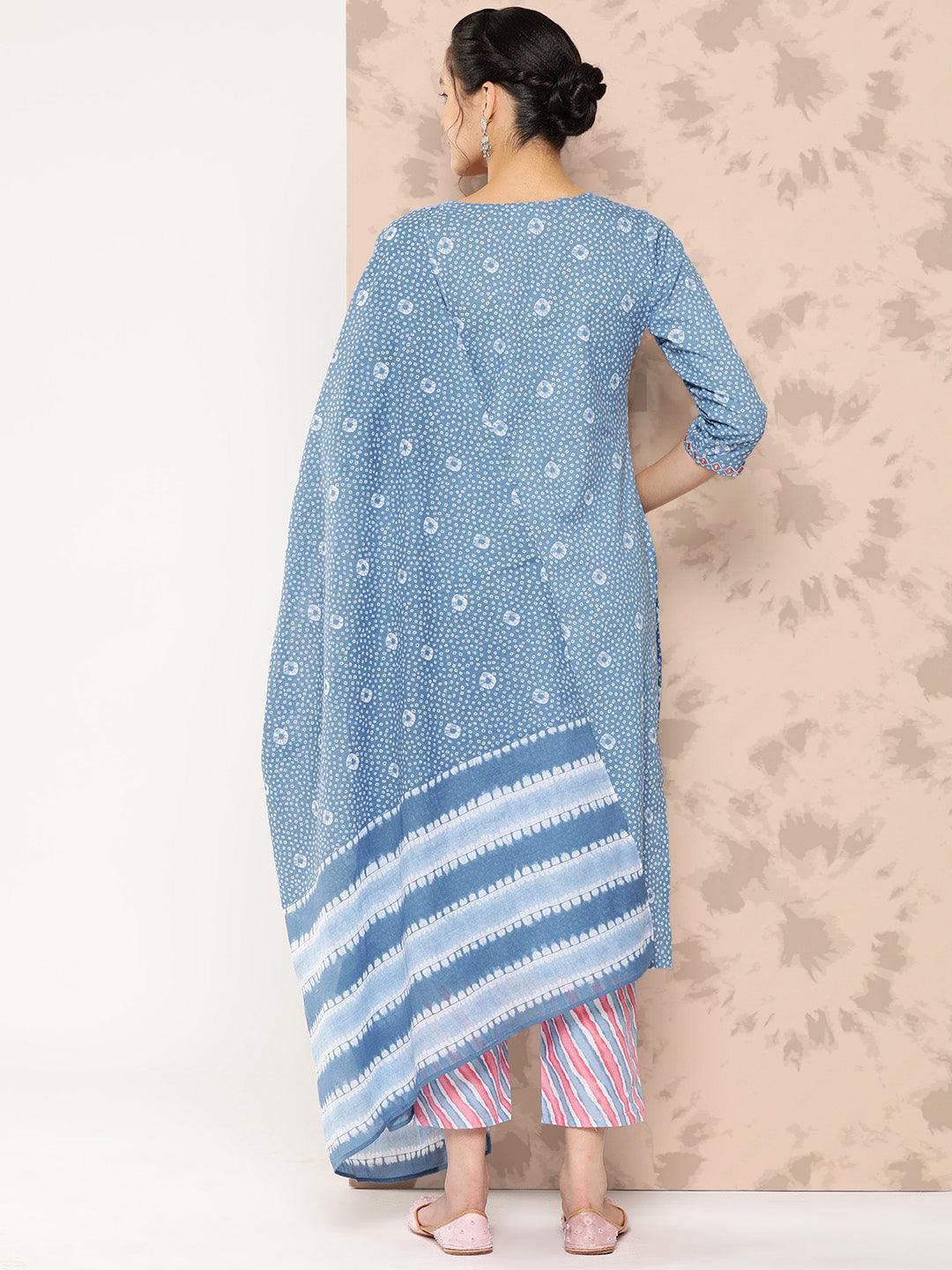 Blue Printed Cotton Straight Kurta With Trousers and Dupatta