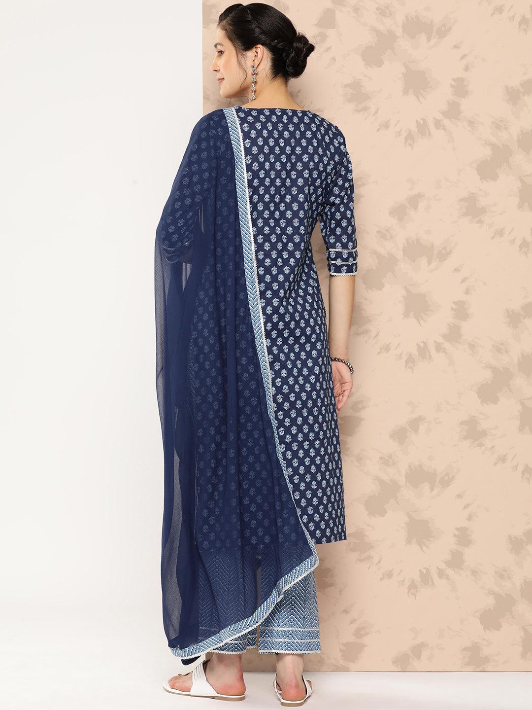 Blue Printed Cotton Straight Kurta With Trousers and Dupatta