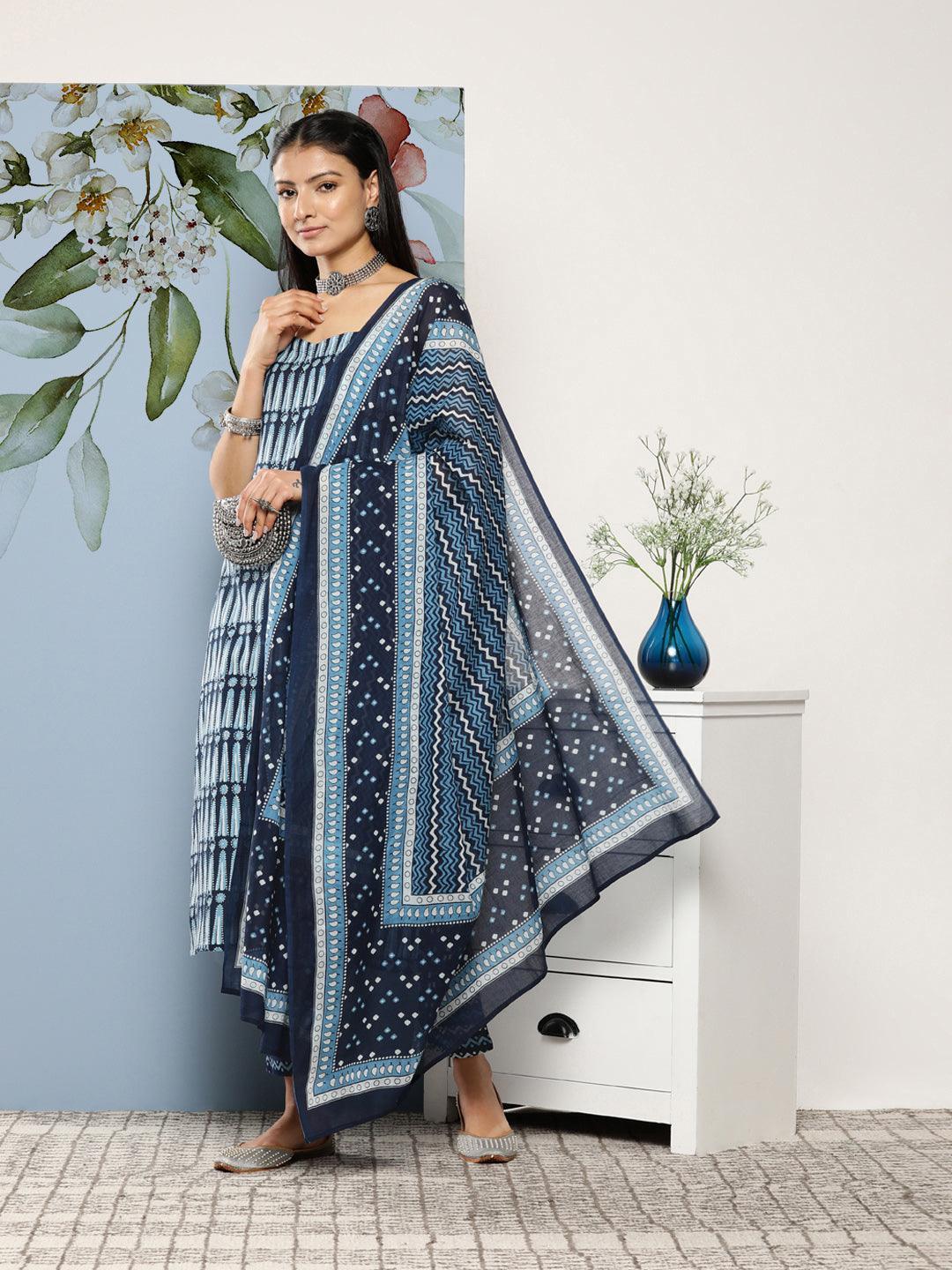 Blue Printed Cotton Suit Set With Trousers