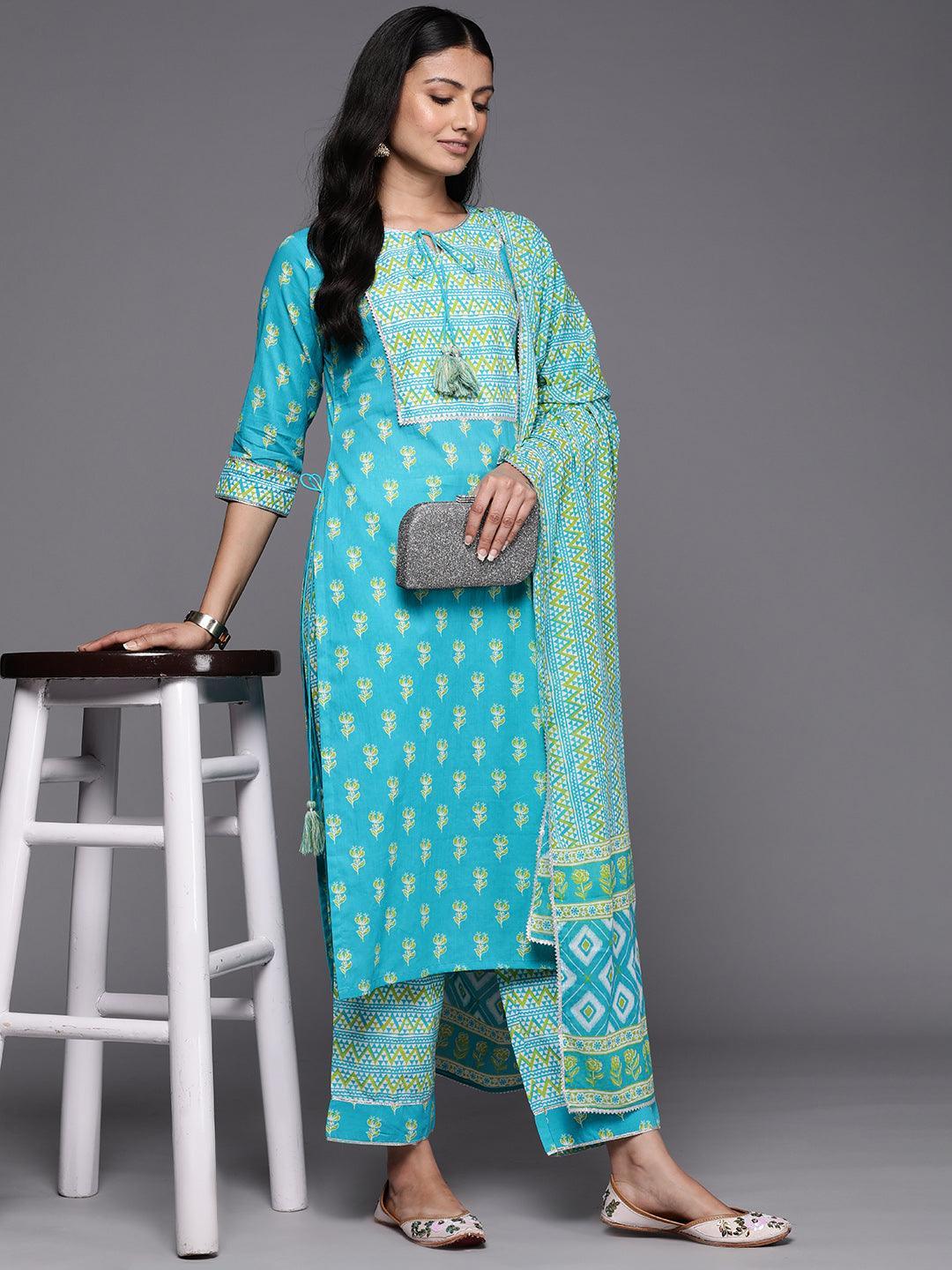 Blue Printed Cotton Straight Suit Set With Trousers