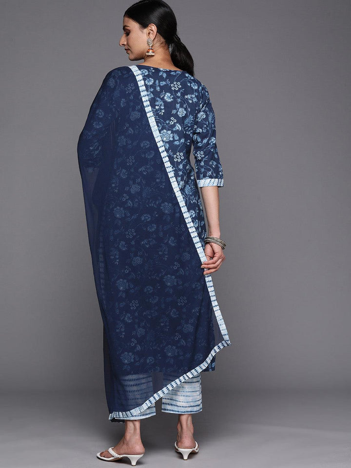 Blue Cotton Printed Straight Suit Set With Trousers - ShopLibas