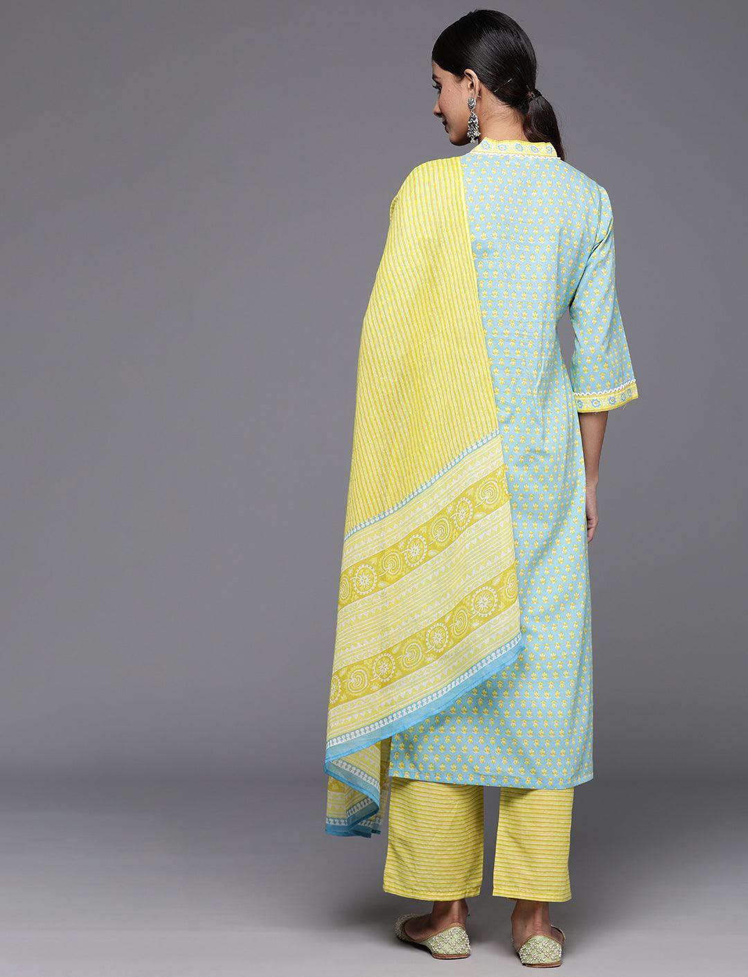 Blue Printed Cotton Straight Kurta With Trousers & Dupatta