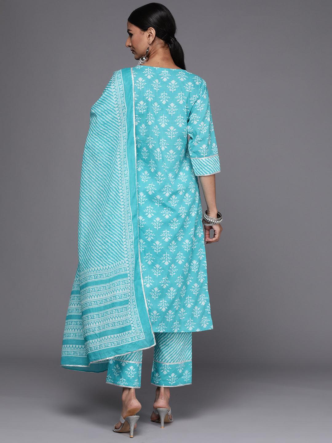 Blue Printed Cotton Straight Suit Set