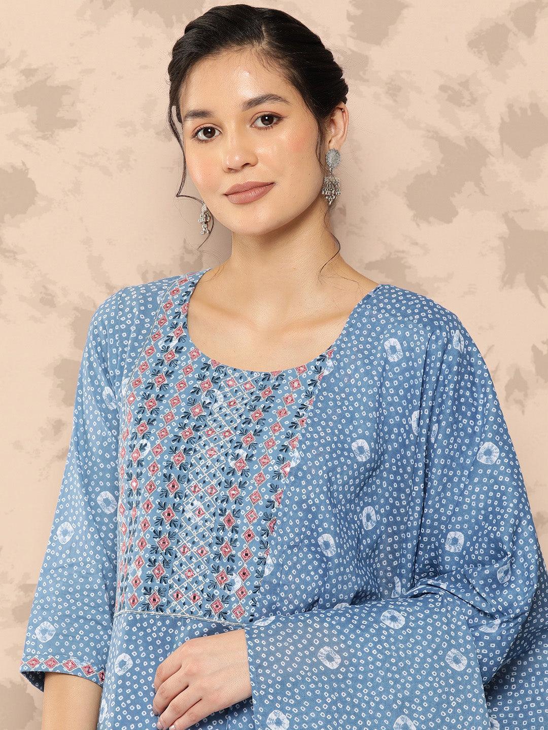 Blue Printed Cotton Straight Kurta With Trousers and Dupatta