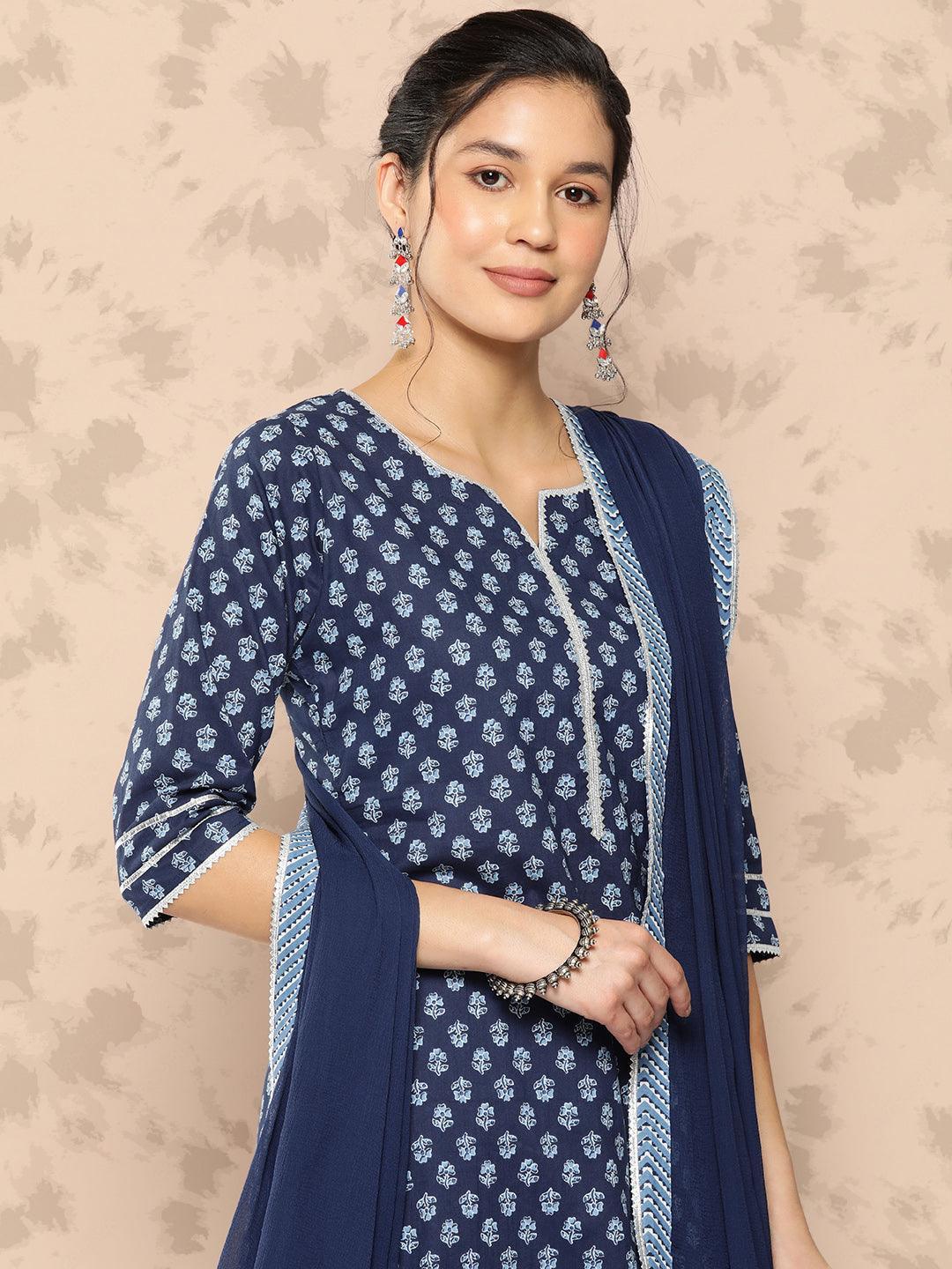 Blue Printed Cotton Straight Kurta With Trousers and Dupatta