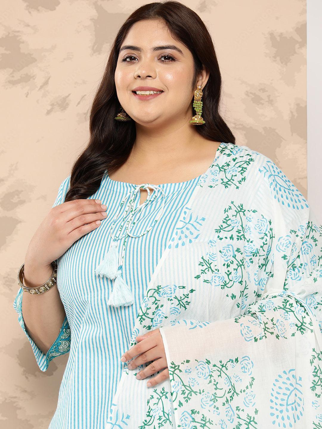 Blue Printed Cotton Straight Kurta With Trousers and Dupatta - Libas