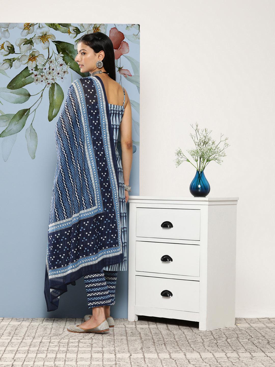 Blue Printed Cotton Suit Set With Trousers