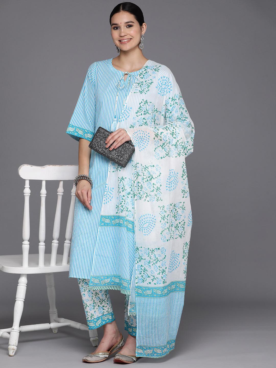 Blue Printed Cotton Straight Kurta With Trousers & Dupatta