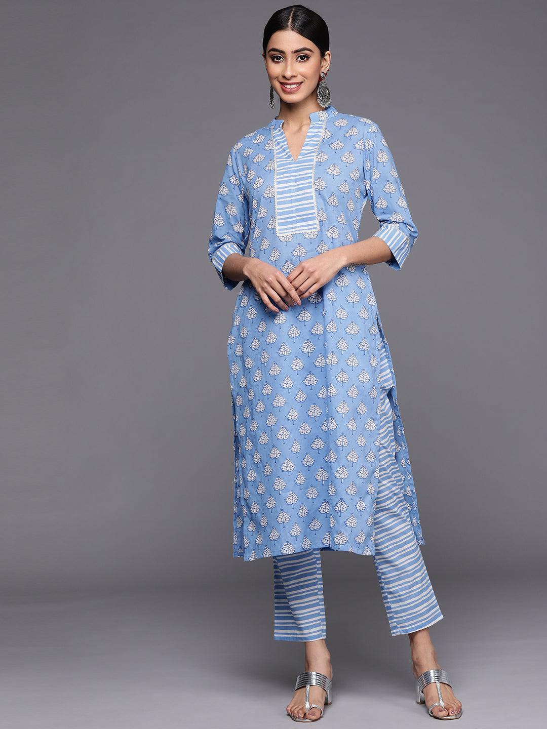 Blue Printed Cotton Straight Kurta Set With Trousers - ShopLibas