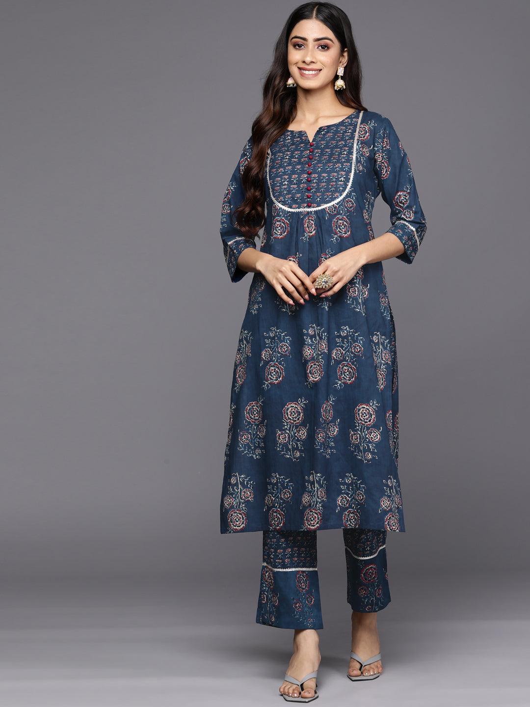 Blue Printed Cotton Straight Kurta Set With Trousers