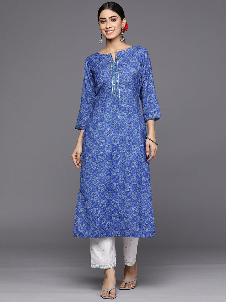 Blue Printed Cotton Straight Kurta Set With Trousers - ShopLibas